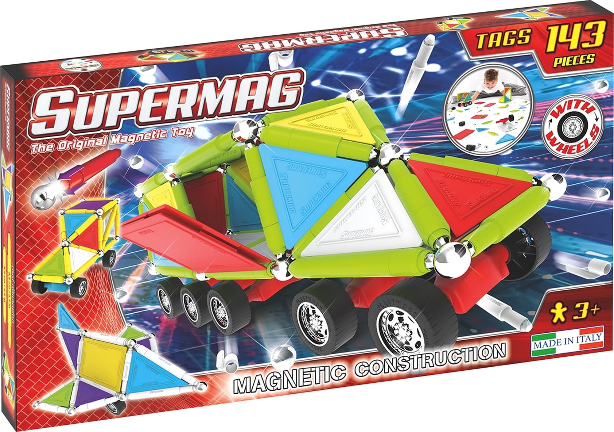 Set constructie magnetic 143 piese tags wheels supermag